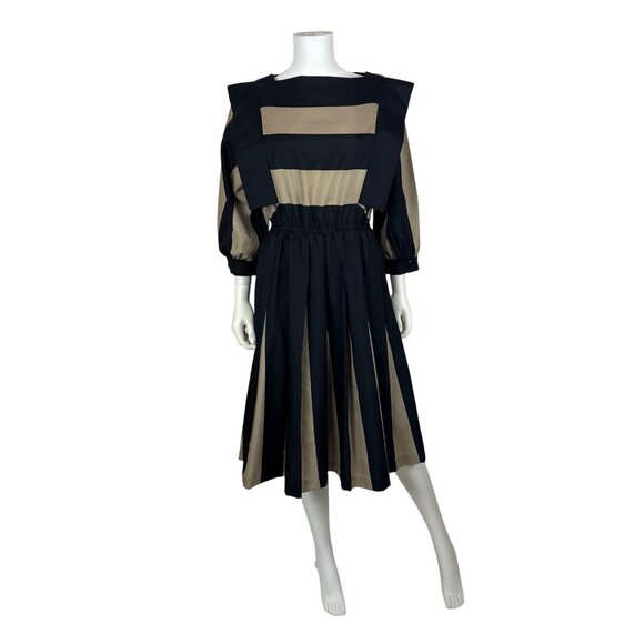 Vintage 80s Striped Dress Womens Medium Architectural Black Tan Thick Stripes - Picture 1 of 10